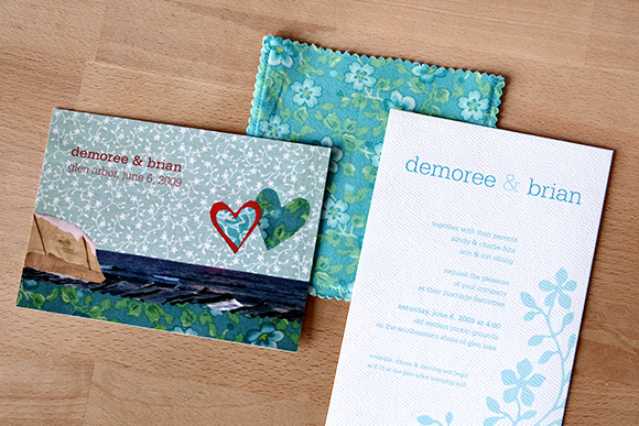 Fabric envelope wedding invitation and rsvp postcard